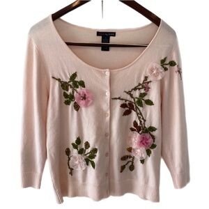 Vintage Grannycore Cardigan Sweater 3D puffed tulle flowers Oversized Small
